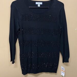 Charter Club Black Bling Knit Top 3/4 Sleeve Size Petite Small NWT